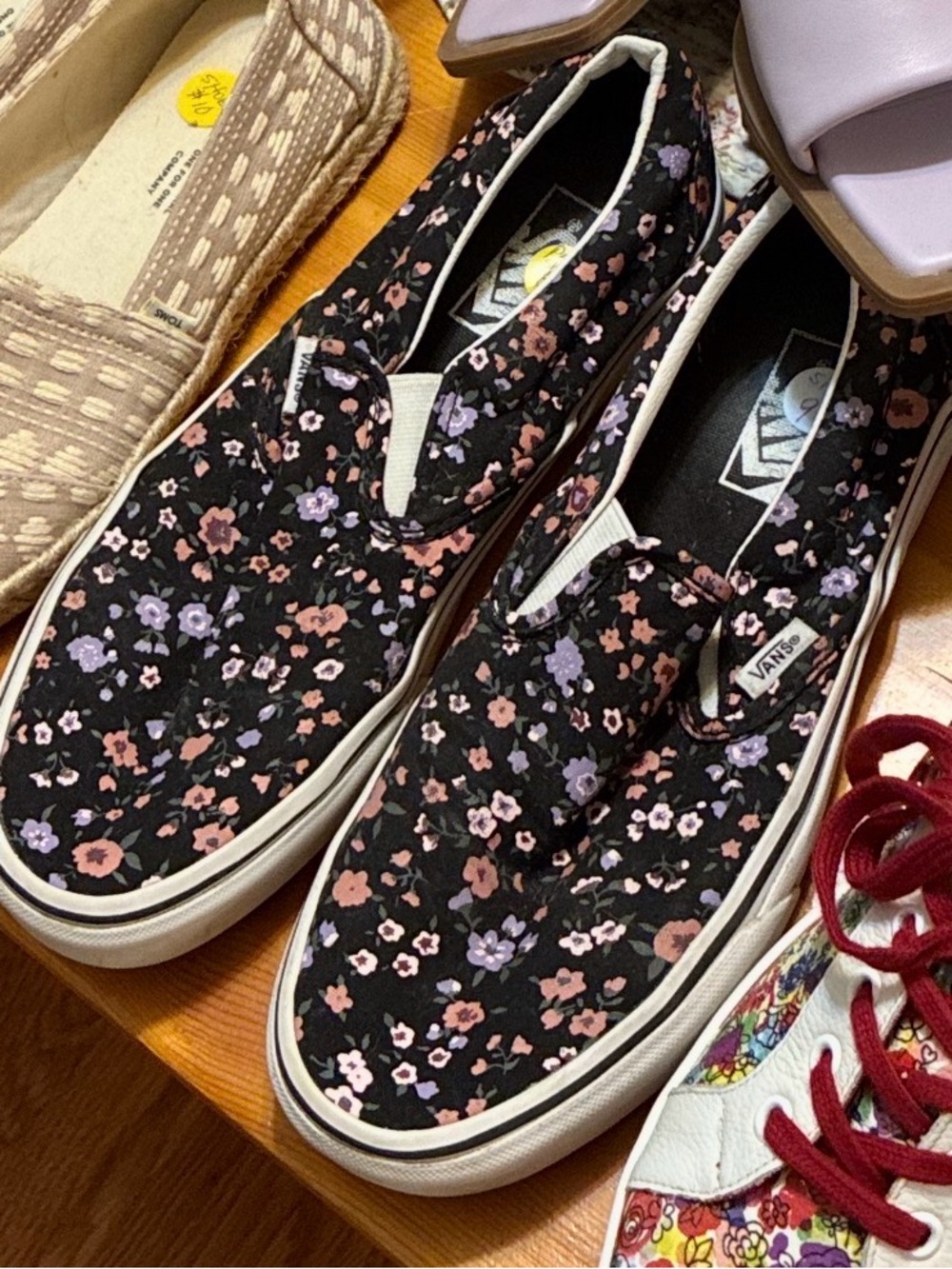 Vans Black Slip-On Sneakers with Pink & Lavender Floral Pattern